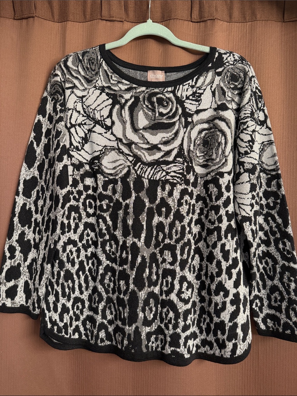 Chico's Black & White Floral-Leopard Mix Knit Pullover
